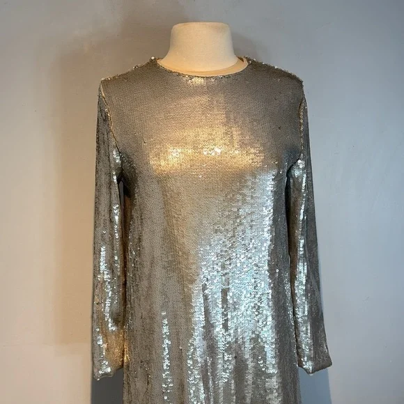 Zara silver sequin long sleeve midi dress size medium - Picture 4 of 14